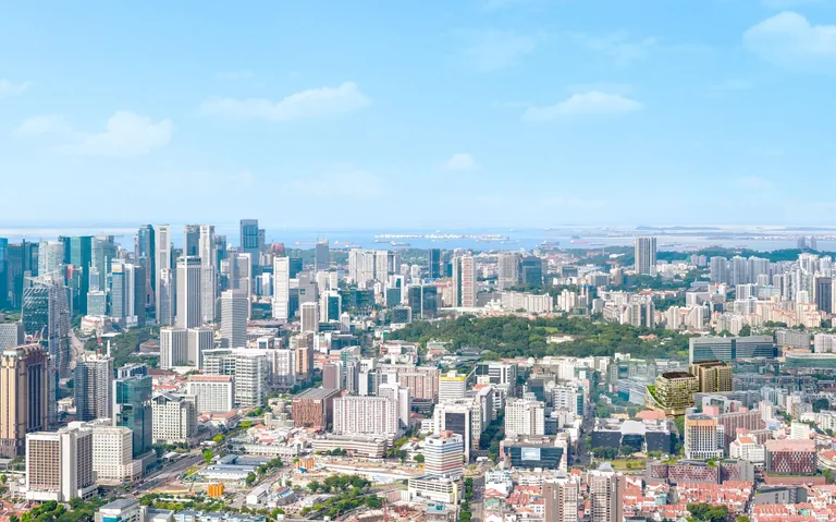 One Sophia, artist’s impression: the development set among the Civic District, Fort Canning and the towers of the Central Business District, seen from above