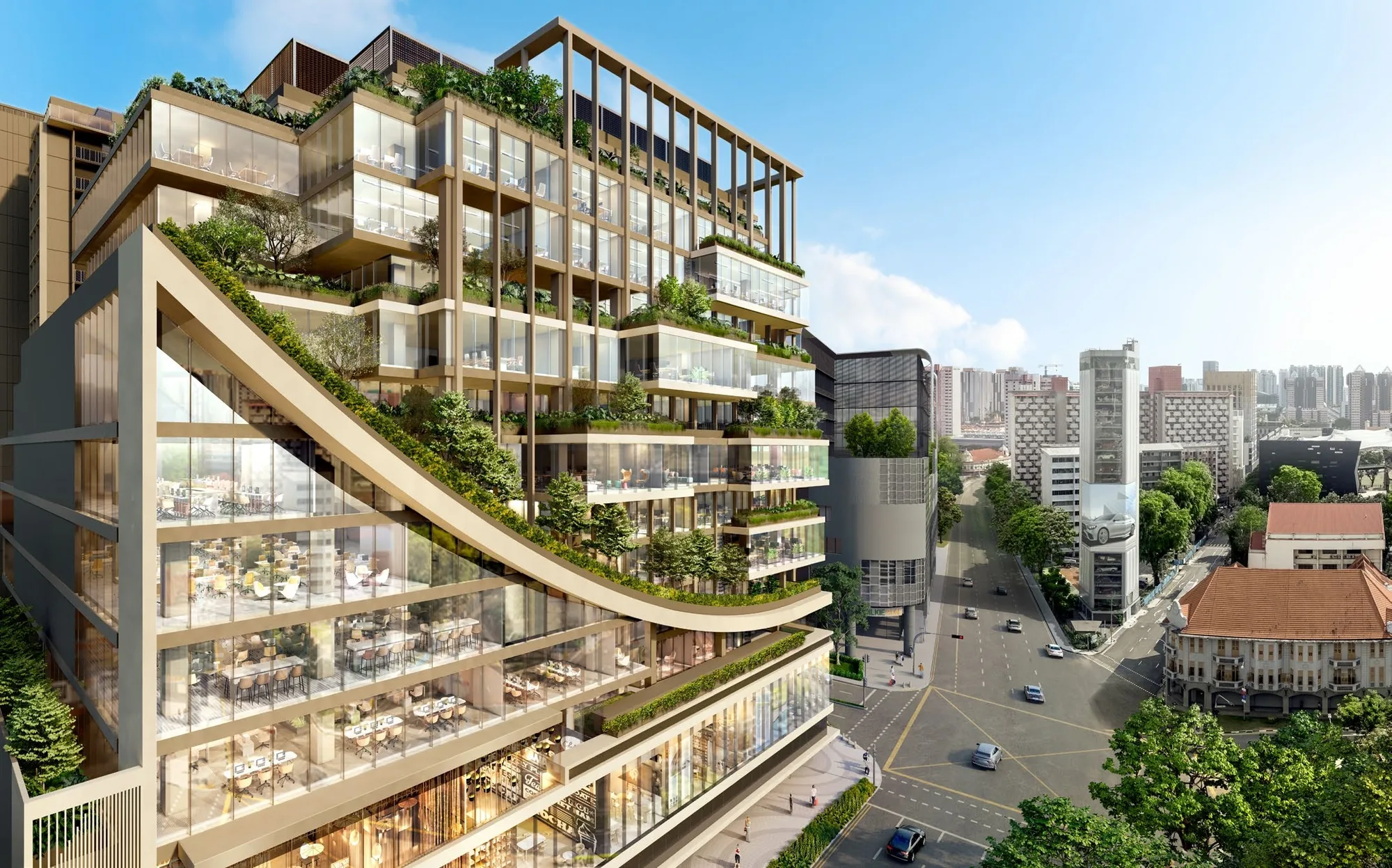 One Sophia, artist’s impression: the curved suspended garden sweeping down the facade, with office floors behind the glass and the streets of the Civic District below