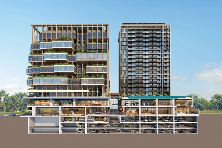 One Sophia, artist’s impression: a cut-away section of the development: the office tower and the residences beside it above the retail podium, the commercial drop-off and three basement car park levels