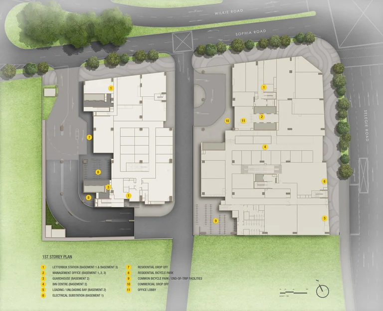 One Sophia first-storey plan (developer drawing): the office and retail podium on Selegie Road and Sophia Road, the commercial drop-off, the office lobby, the vehicle ramp to the basements and the second drop-off, with the numbered legend