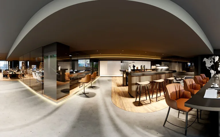 One Sophia office interior, artist’s impression for illustration only: a 360-degree view of units #07-05 and #07-06 fitted as one office, with a cafe counter, lounge chairs and glass-walled rooms