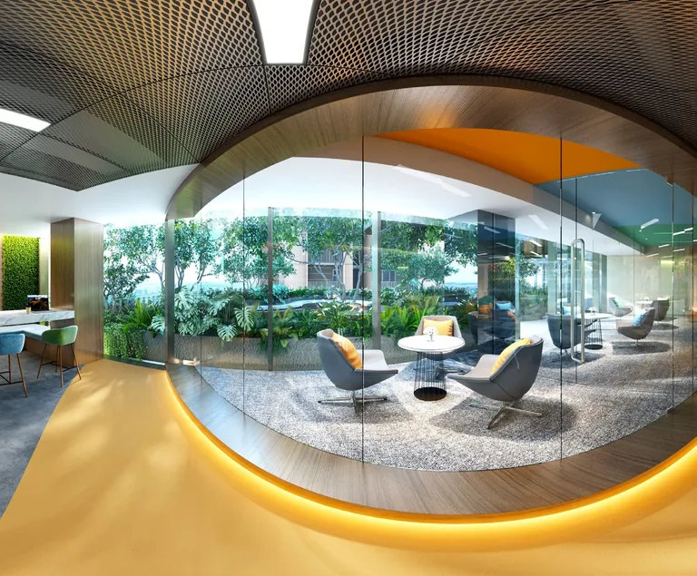 One Sophia office interior, artist’s impression for illustration only: a 360-degree view of unit #08-06 fitted as a collaborative office, a glass meeting room looking onto the garden deck