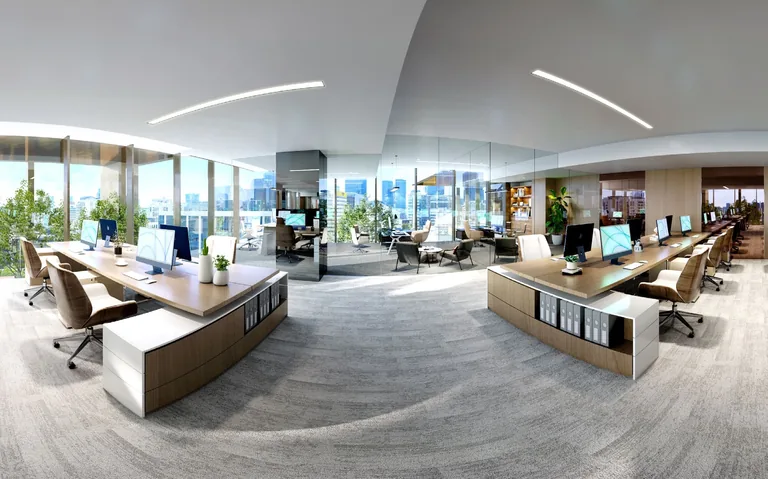 One Sophia office interior, artist’s impression for illustration only: a 360-degree view of units #11-01 to #11-05 fitted as one office, with rows of desks and full-height windows