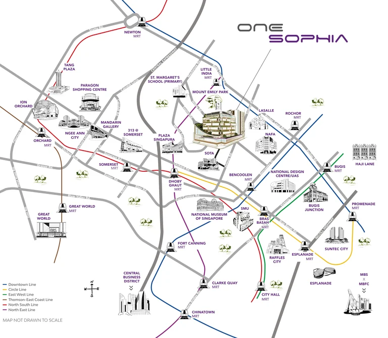 One Sophia location map (developer drawing): the site at Selegie Road and Sophia Road among the Dhoby Ghaut, Bencoolen, Bras Basah and Rochor stations, Orchard Road, Bugis and the Civic District