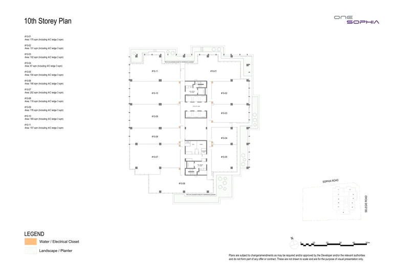 One Sophia 10th storey office plan (developer drawing): 11 strata offices, #10-01 to #10-11, 67 to 202 sq m including the A/C ledge, around the lift core