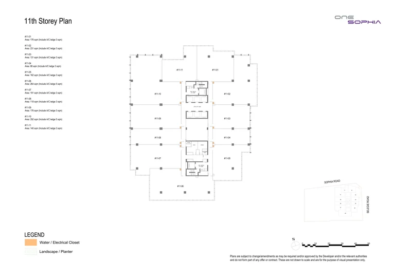One Sophia 11th storey office plan (developer drawing): 11 strata offices, #11-01 to #11-11, 88 to 292 sq m including the A/C ledge, around the lift core