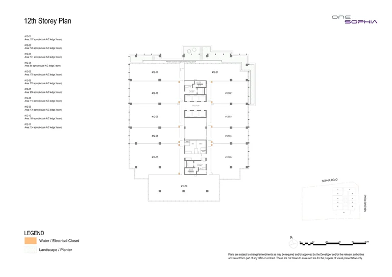 One Sophia 12th storey office plan (developer drawing): 11 strata offices, #12-01 to #12-11, 88 to 278 sq m including the A/C ledge, around the lift core
