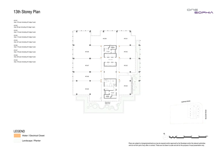 One Sophia 13th storey office plan (developer drawing): 9 strata offices, #13-01 to #13-09, 99 to 293 sq m including the A/C ledge, around the lift core