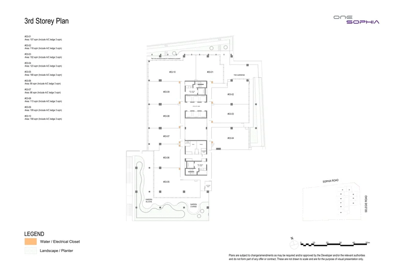 One Sophia 3rd storey office plan (developer drawing): 10 strata offices, #03-01 to #03-10, 88 to 168 sq m including the A/C ledge, around the lift core