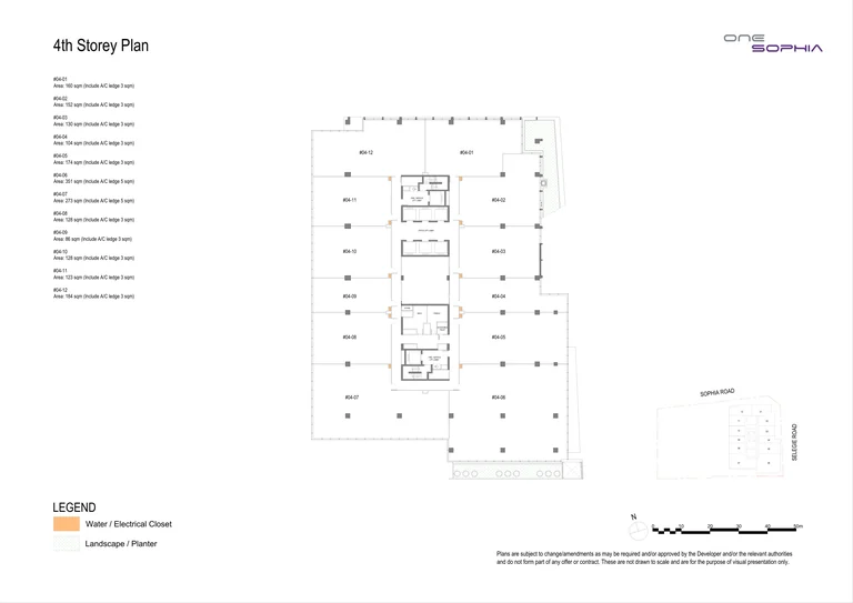 One Sophia 4th storey office plan (developer drawing): 12 strata offices, #04-01 to #04-12, 86 to 351 sq m including the A/C ledge, around the lift core