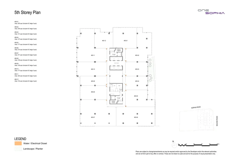 One Sophia 5th storey office plan (developer drawing): 12 strata offices, #05-01 to #05-12, 106 to 371 sq m including the A/C ledge, around the lift core