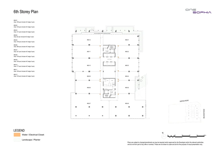 One Sophia 6th storey office plan (developer drawing): 12 strata offices, #06-01 to #06-12, 82 to 421 sq m including the A/C ledge, around the lift core