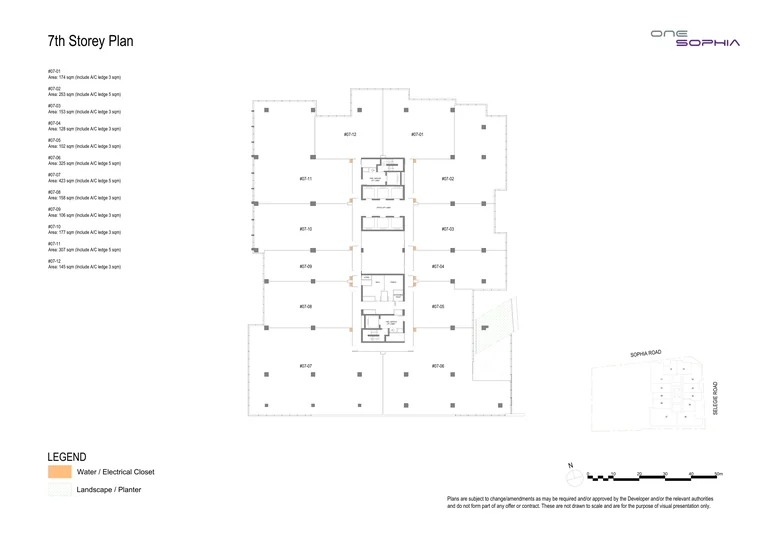 One Sophia 7th storey office plan (developer drawing): 12 strata offices, #07-01 to #07-12, 102 to 423 sq m including the A/C ledge, around the lift core
