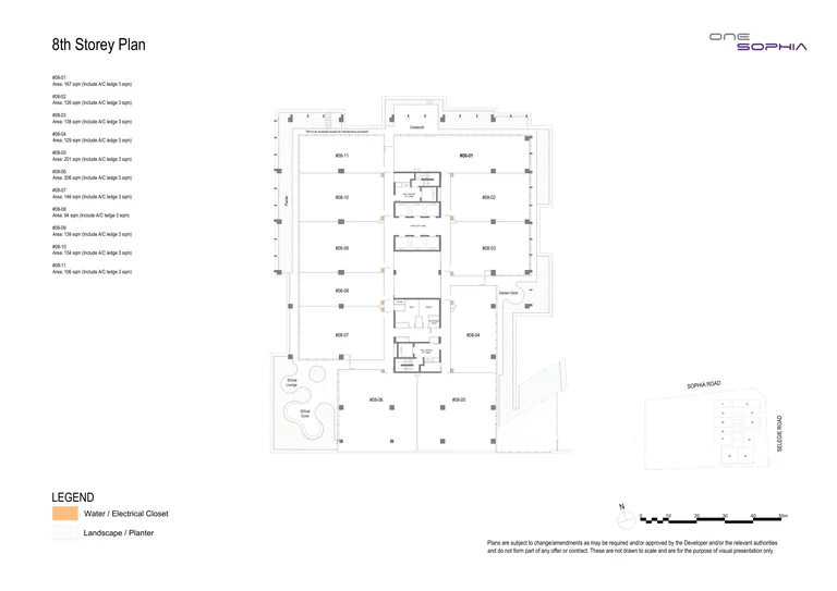 One Sophia 8th storey office plan (developer drawing): 11 strata offices, #08-01 to #08-11, 94 to 206 sq m including the A/C ledge, around the lift core