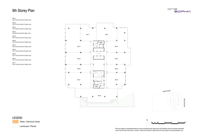 One Sophia 9th storey office plan (developer drawing): 11 strata offices, #09-01 to #09-11, 88 to 314 sq m including the A/C ledge, around the lift core