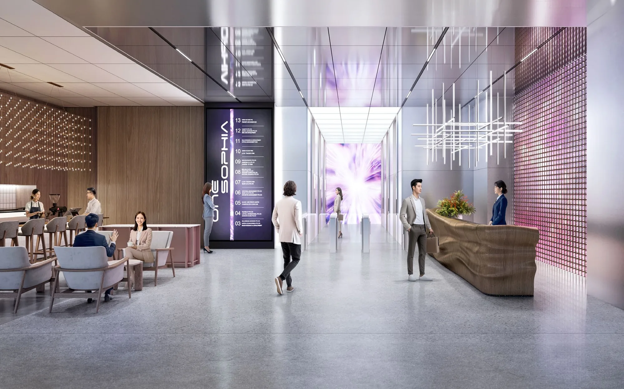 One Sophia, artist’s impression: the office lobby with its four-metre ceiling, a reception desk, a lounge with F&B seating and the lift lobby beyond