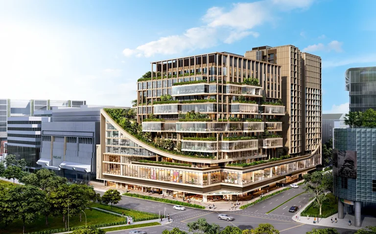 One Sophia, artist’s impression: the office tower at the corner of Selegie Road and Sophia Road, its cantilevered glass boxes and planted terraces rising over the shopfronts of the retail podium