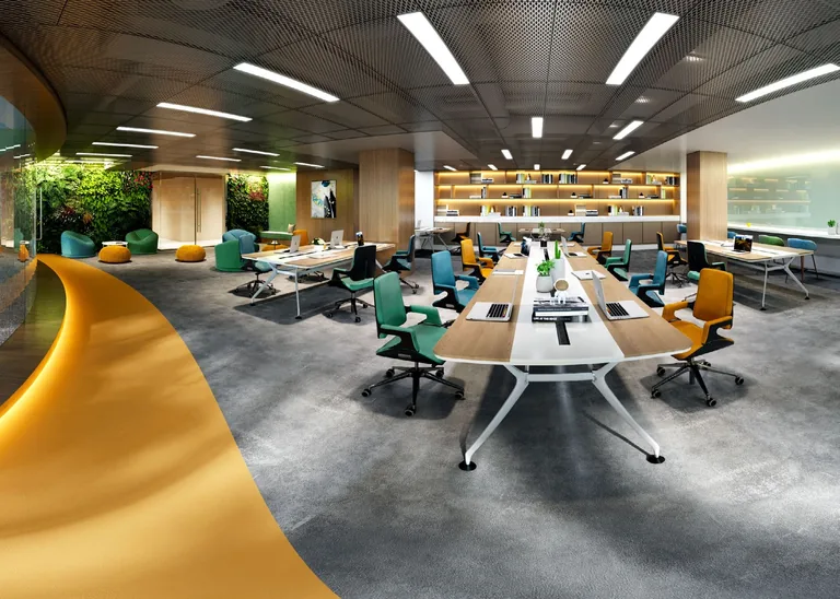 One Sophia, artist’s impression: an open-plan office floor with shared desks, a curved meeting room and a library wall