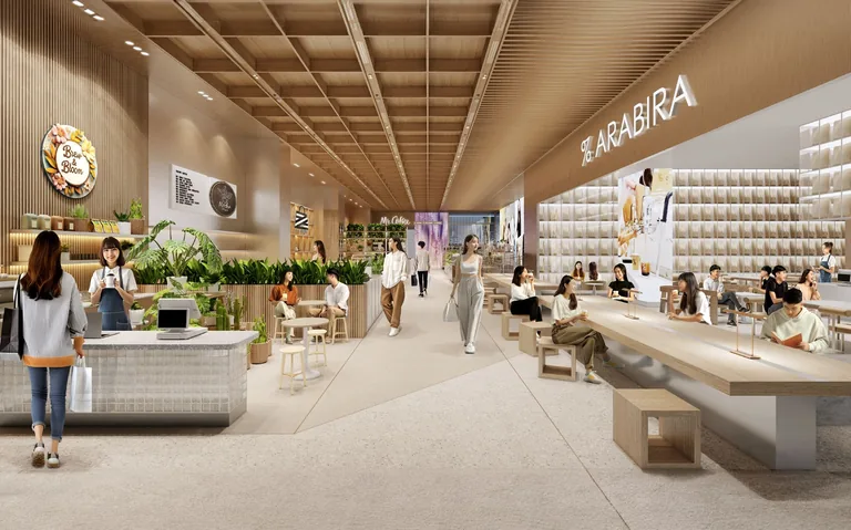 One Sophia, artist’s impression: the retail podium, with a cafe counter, communal tables and shopfronts under a timber-coffered ceiling
