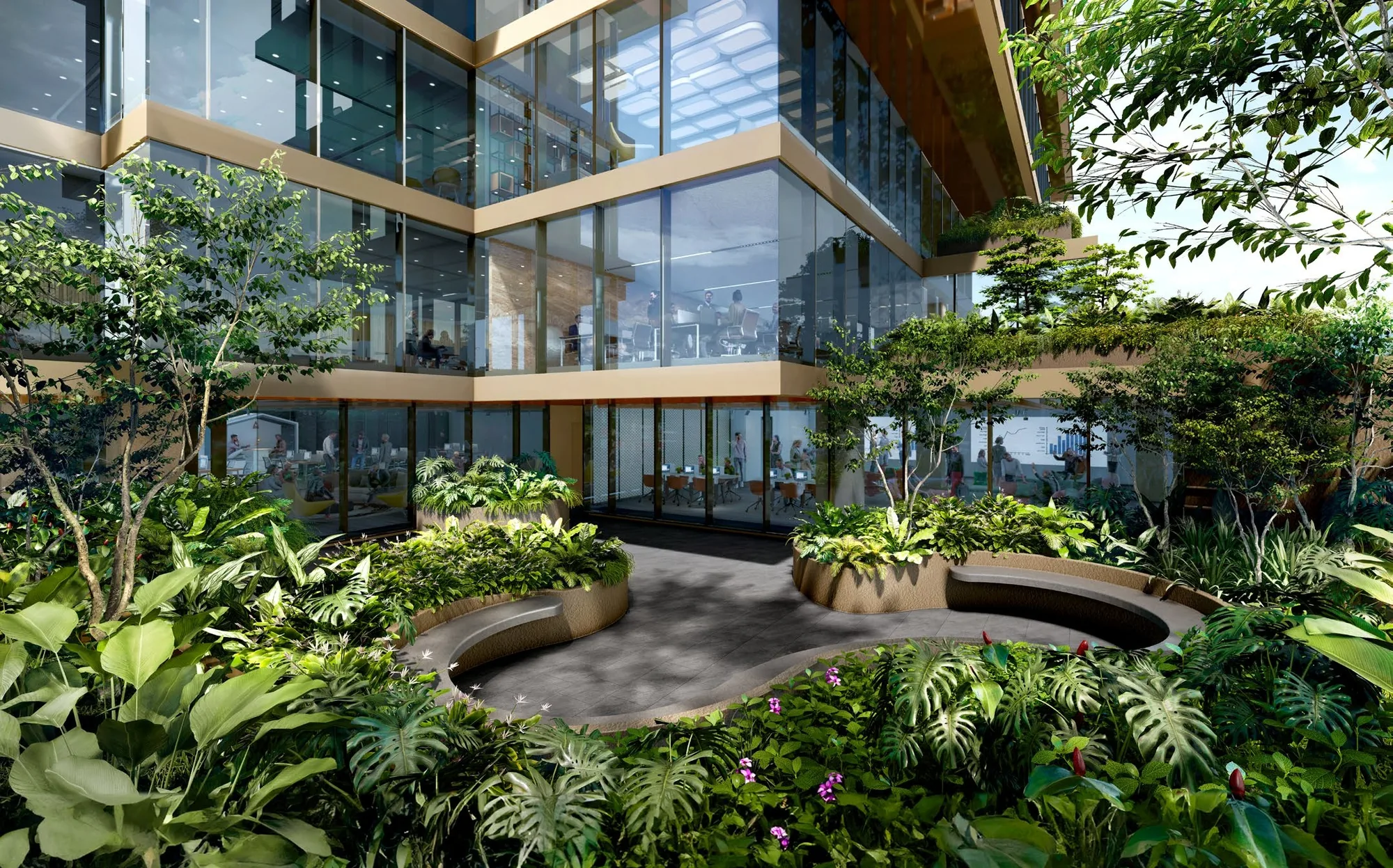 One Sophia, artist’s impression: a planted garden terrace with a curved bench beside the glass walls of the office floors
