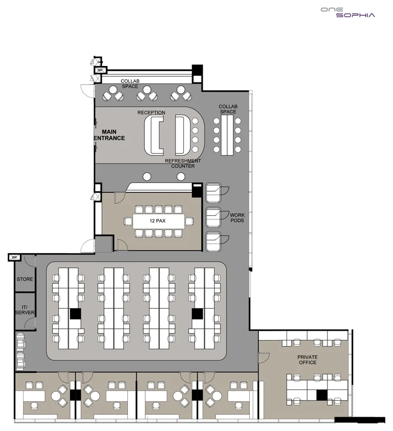 One Sophia test-fit layout (developer drawing), #07-05 to #07-06, collaborative, 419 sq m: 42 people at 38 workstations, 4 manager rooms, 1 meeting room, 3 work pods, 14 collaboration spaces, reception, refreshment counter, IT server room