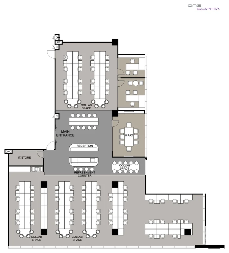 One Sophia test-fit layout (developer drawing), #07-05 to #07-06, dynamic, 419 sq m: 60 people at 58 workstations, 2 manager rooms, 1 meeting room, 40 collaboration spaces, reception, refreshment counter, IT server room
