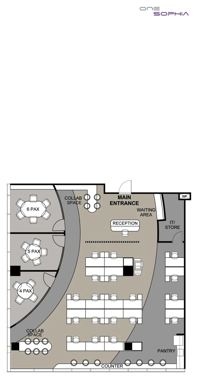 One Sophia test-fit layout (developer drawing), #08-06, collaborative, 203 sq m: 19 people at 19 workstations, 3 meeting rooms, 10 collaboration spaces, reception, refreshment counter, IT server room, pantry