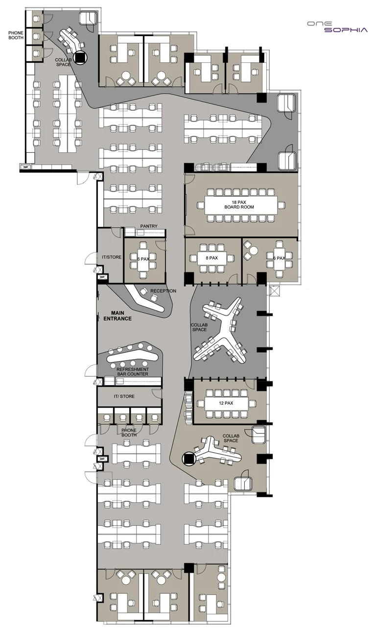 One Sophia test-fit layout (developer drawing), #11-01 to #11-05, dynamic, 773 sq m: 69 people at 62 workstations, 7 manager rooms, 5 meeting rooms, 12 work pods, 32 collaboration spaces, reception, refreshment counter, IT server room, pantry