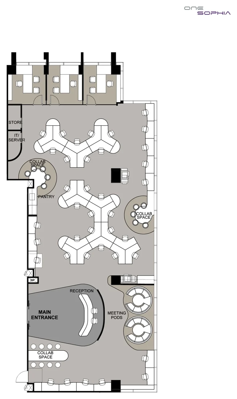 One Sophia test-fit layout (developer drawing), #13-01 to #13-03, collaborative, 324 sq m: 41 people at 38 workstations, 3 manager rooms, 2 meeting pods, 18 collaboration spaces, reception, IT server room, pantry, store